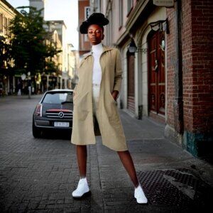 Bogner Trench Coat Tan Foul Weather Hooded Long Raincoat Size 36